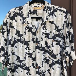 Bobby Chan Black Beige Floral Silk Hawaiian Shirt L